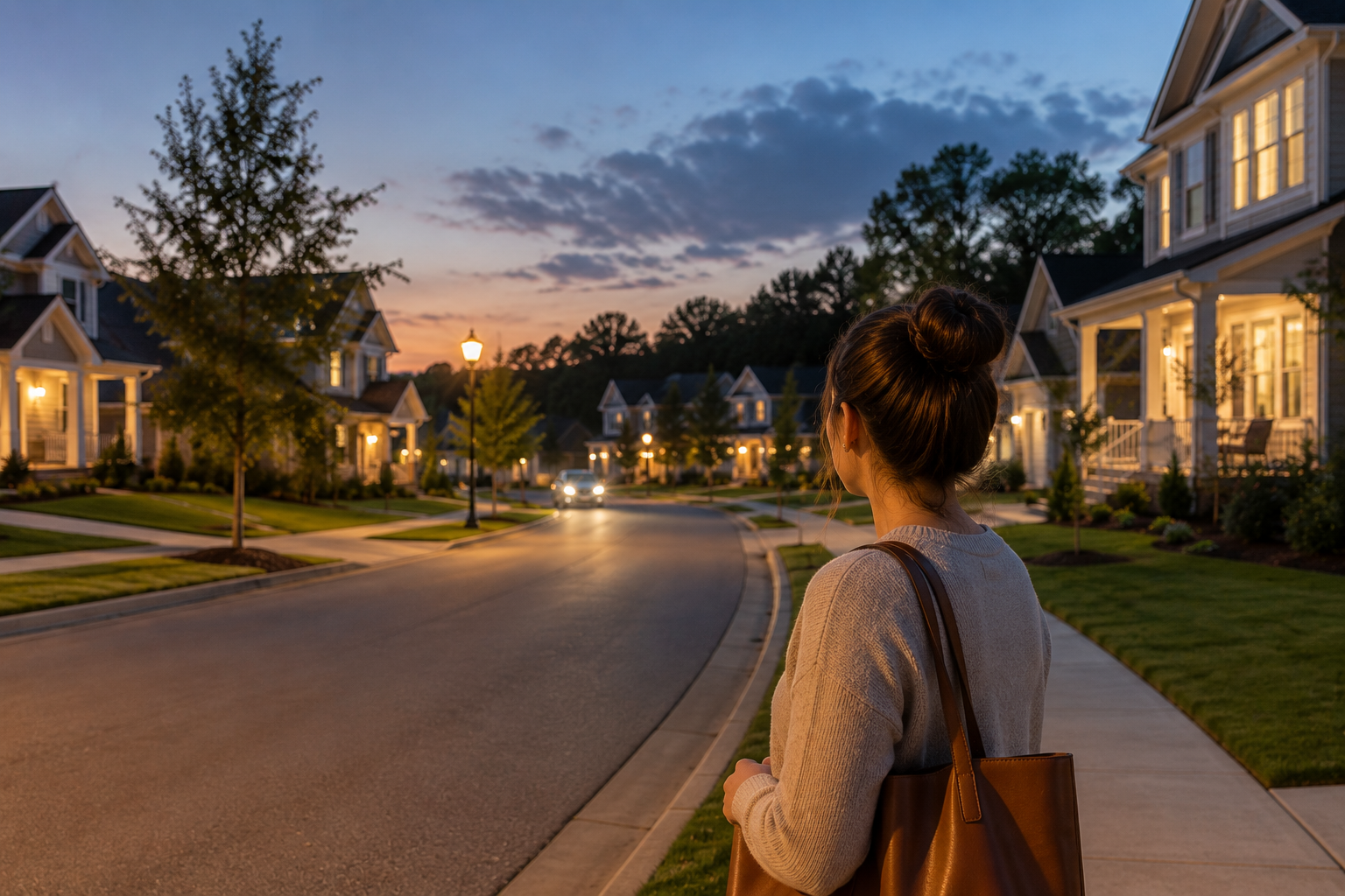 First-time homebuyer in Greenville SC observing a neighborhood during an evening home visit.