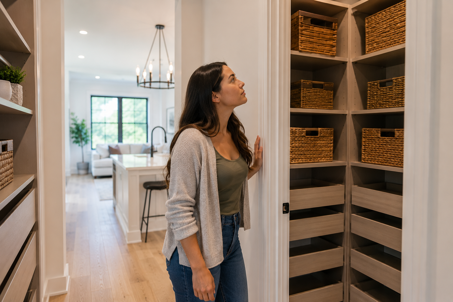 First-time homebuyer in Greenville SC carefully inspecting storage space and layout during a home tour