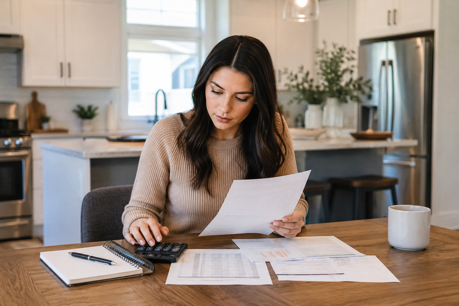 Inside Image Alt Text First-time home buyer reviewing HOA documents and monthly expenses at a kitchen table while planning for a home purchase in Greenville, South Carolina.