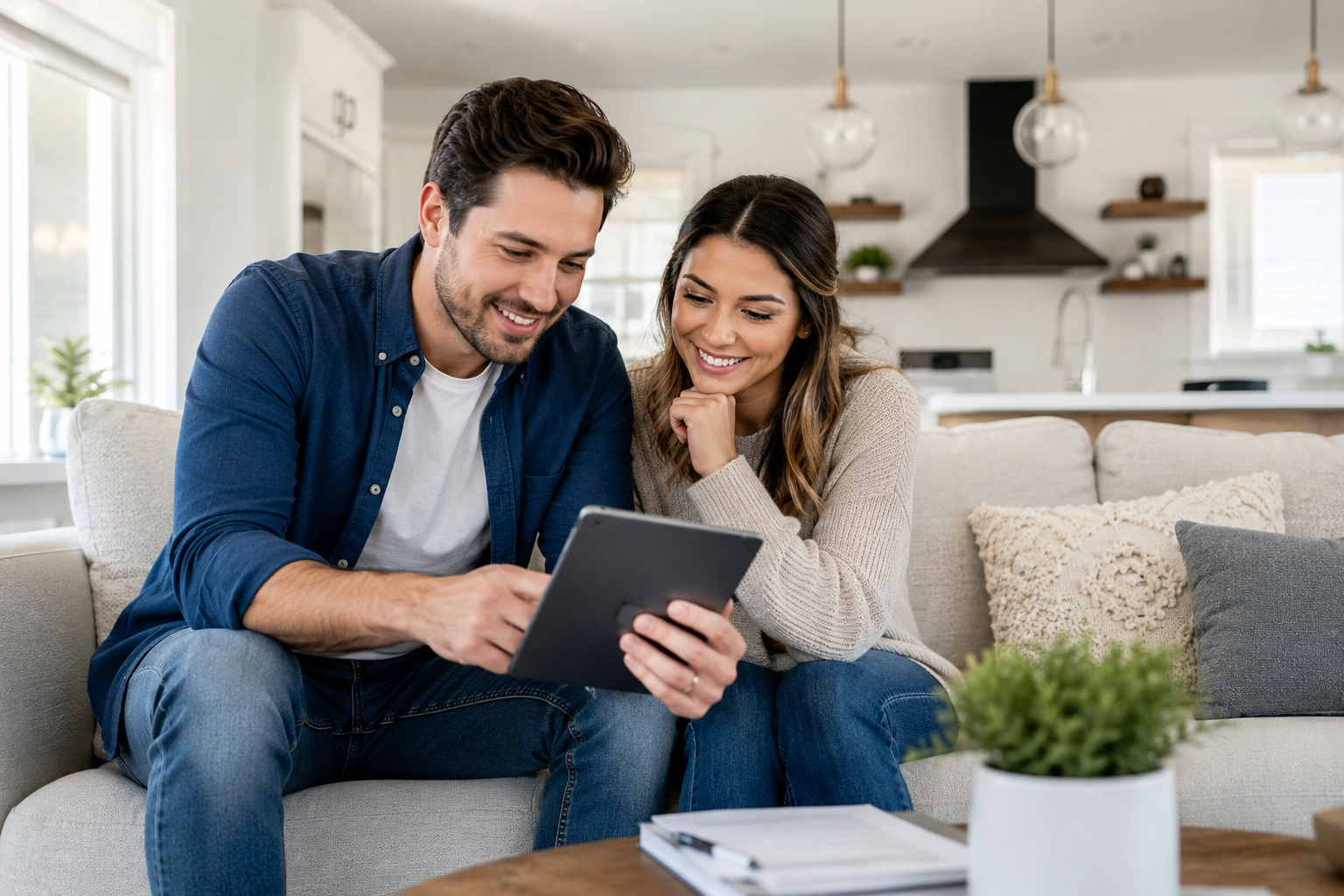 First-time home buyers in Greenville, South Carolina reviewing HOA fee comparisons for a townhome and single-family home at a kitchen table.
