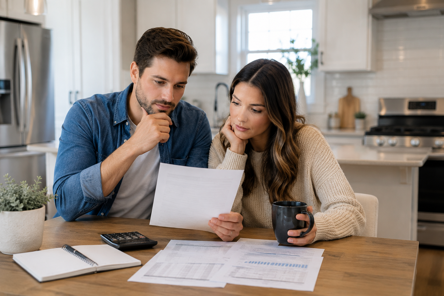 First-time home buyers in Greenville, South Carolina sitting at a kitchen table reviewing appraisal paperwork with a concerned but thoughtful expression.