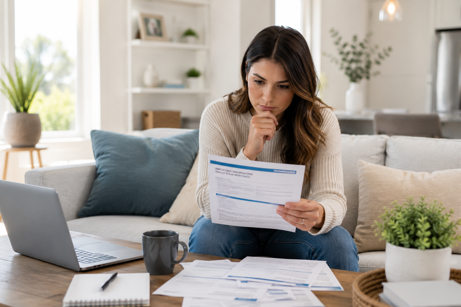 First-time home buyer in Greenville, South Carolina reviewing mortgage transfer paperwork at a kitchen table with organized documents and a laptop.