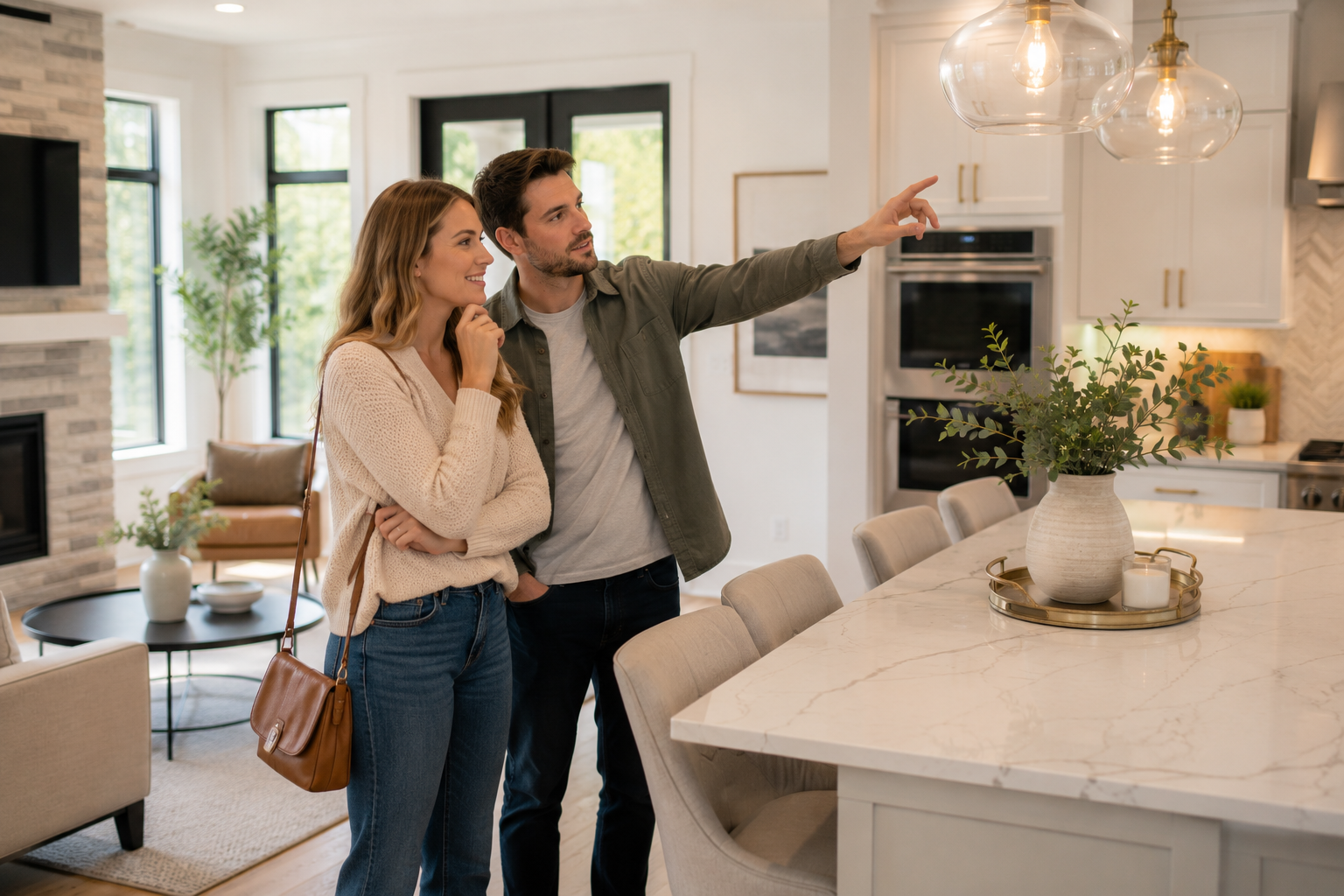 First-time home buyers in Greenville, South Carolina touring a bright upscale kitchen with modern finishes, natural light, and thoughtful design details.