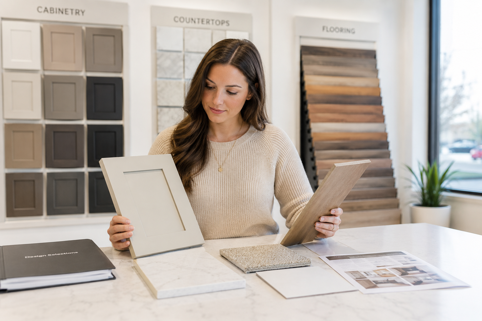 First-time home buyer reviewing flooring and cabinet samples at a new construction design center in Greenville, South Carolina.
