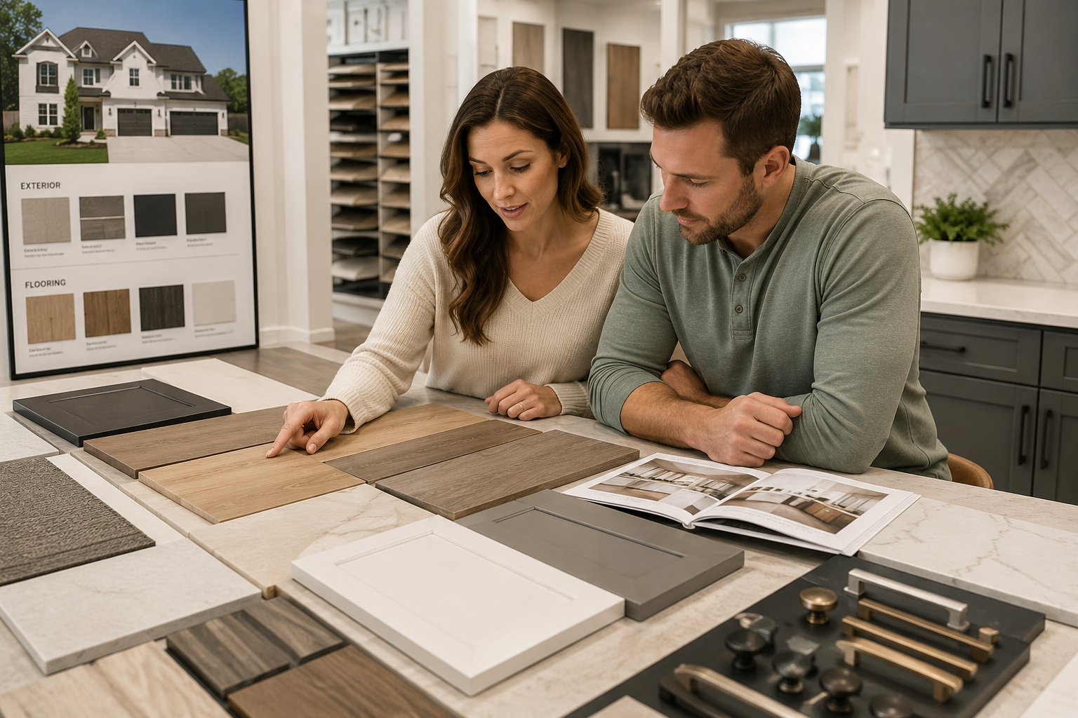 First-time home buyers reviewing flooring, lighting, and cabinet upgrade options during a new construction meeting in Greenville, South Carolina.