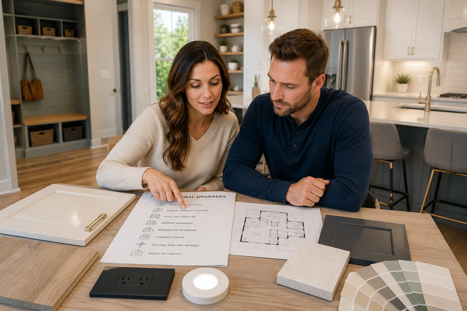 First-time home buyers in Greenville, South Carolina reviewing practical home upgrade options including lighting, storage, and kitchen functionality.
