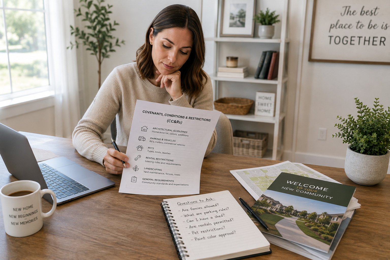 First-time home buyer in Greenville, South Carolina reviewing neighborhood CCR documents and community guidelines during the home buying process.