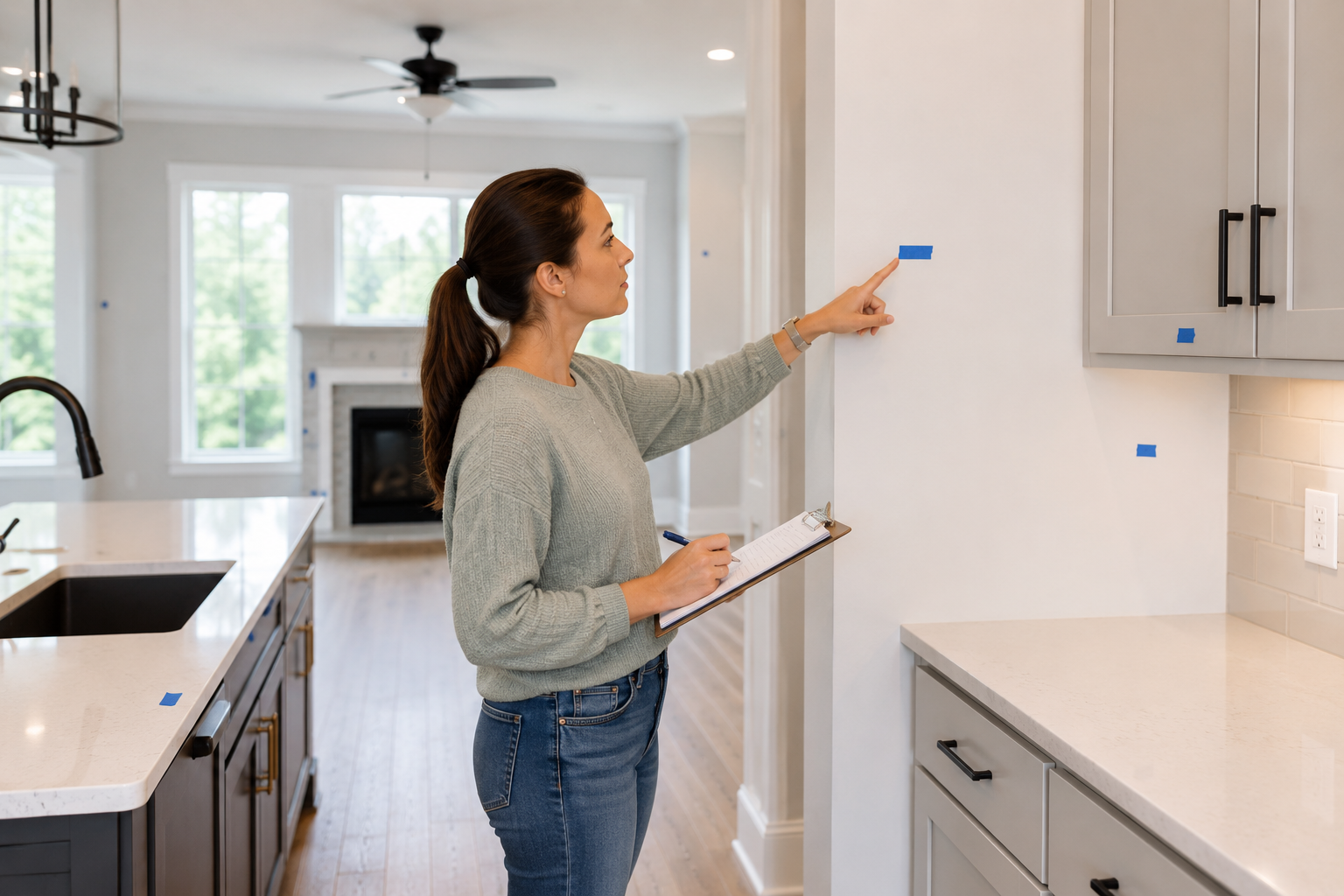 First-time home buyer in Greenville, South Carolina reviewing walls, cabinets, and finishes during a new construction blue tape walkthrough before closing.