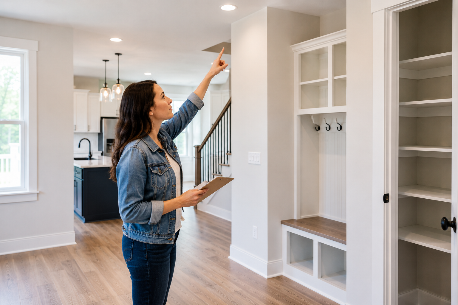 First-time home buyer in Greenville, South Carolina reviewing lighting, outlet placement, storage areas, and room flow during a new construction home walkthrough.