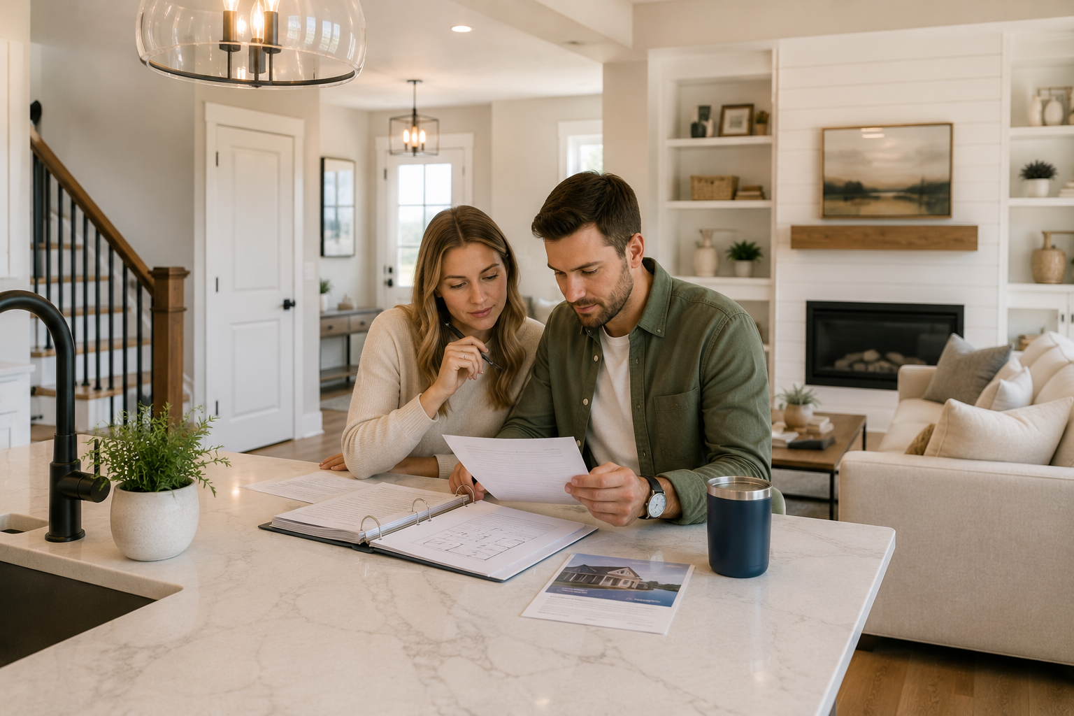 First-time home buyers in Greenville, South Carolina reviewing documents and walkthrough details before closing on a new construction home.