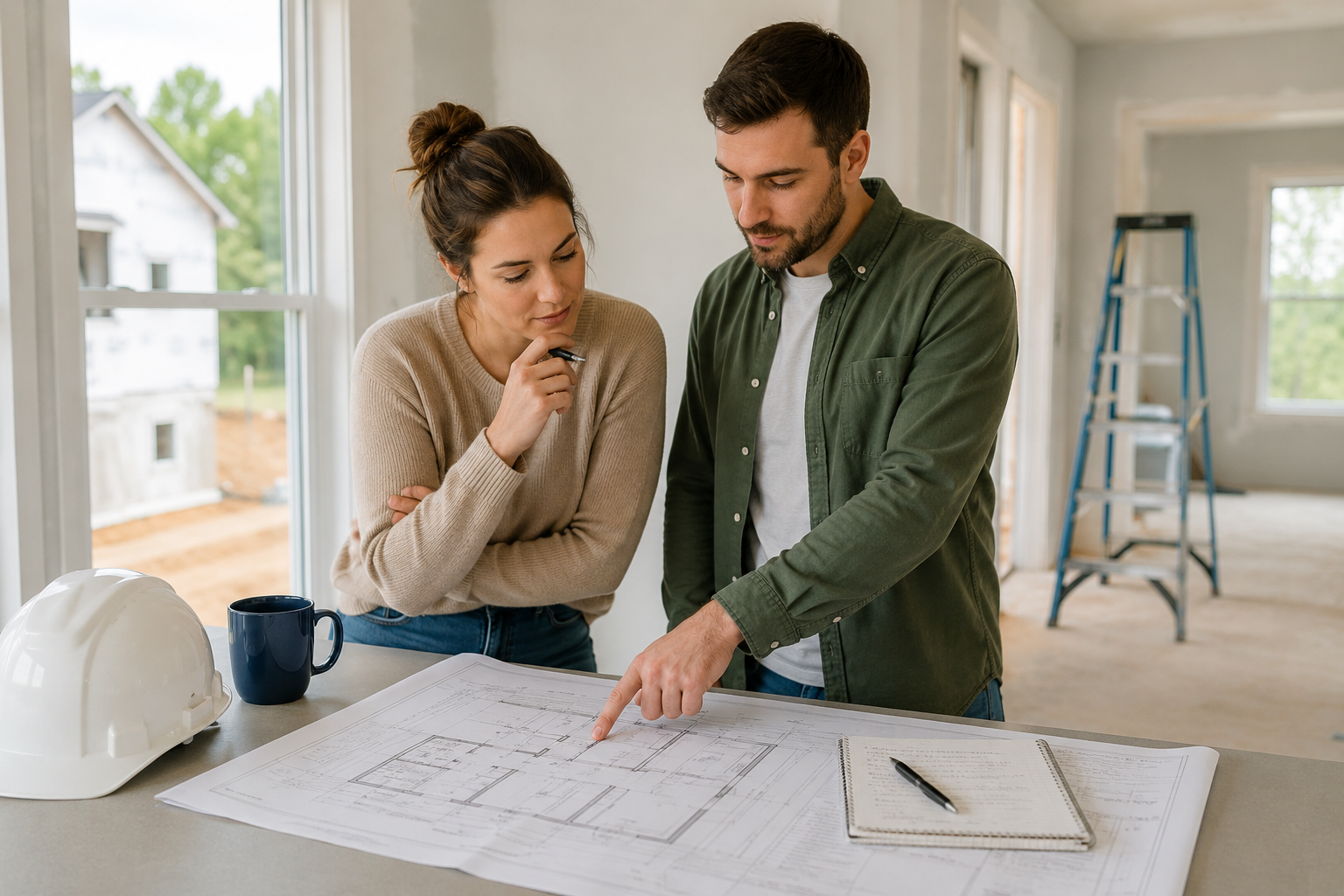 First-time home buyers in Greenville, South Carolina reviewing construction progress and timelines at a new construction home site.