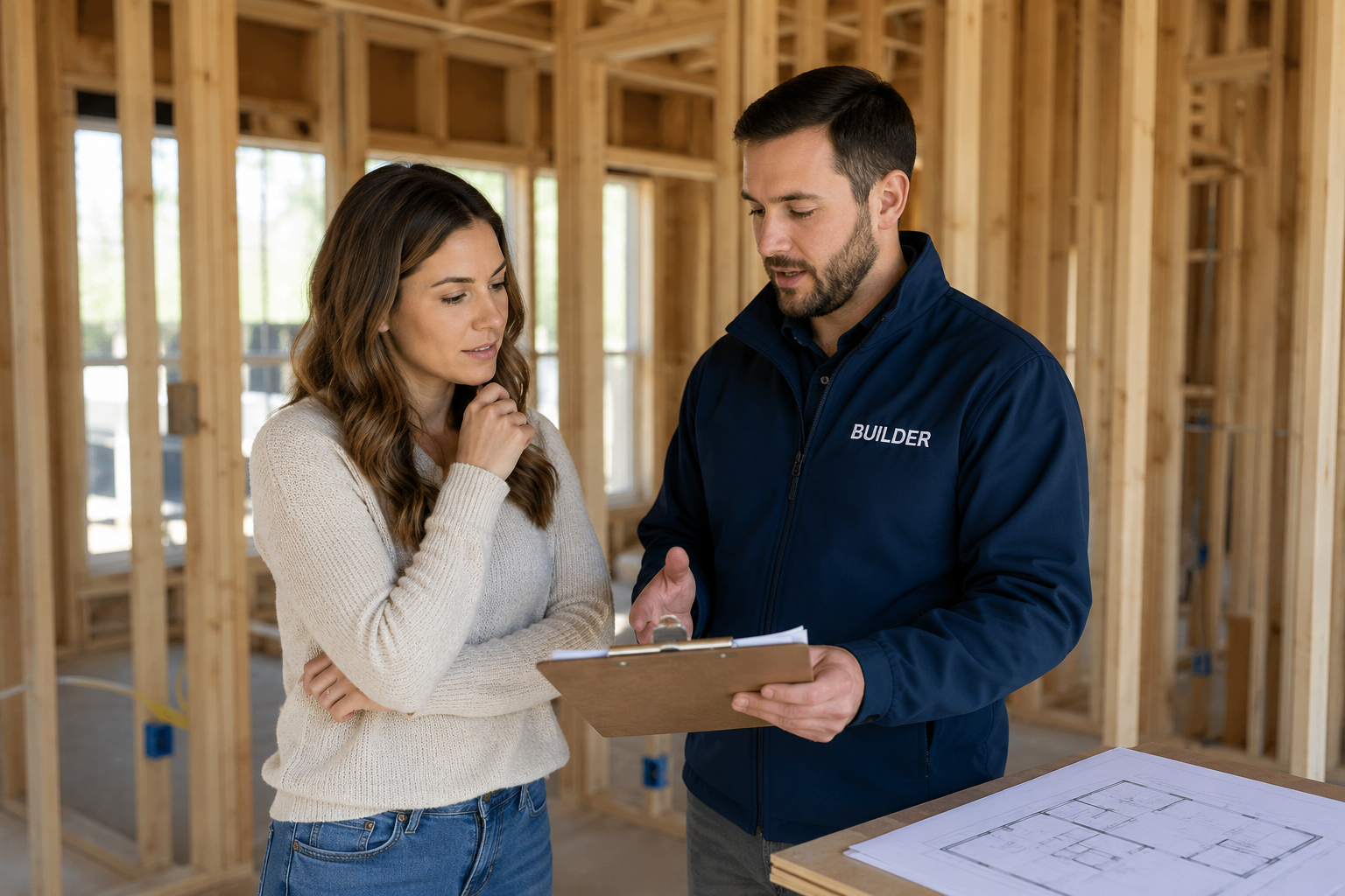 First-time home buyer in Greenville, South Carolina reviewing construction progress and discussing builder timelines at a new construction home site.