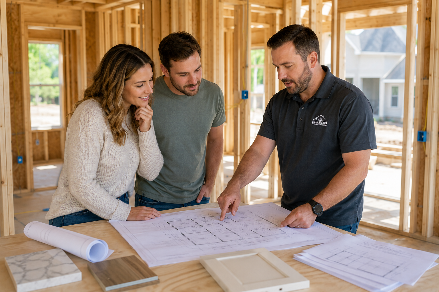 First-time home buyers in Greenville, South Carolina reviewing new construction plans inside a partially completed home with framing, electrical layouts, and organized construction progress.