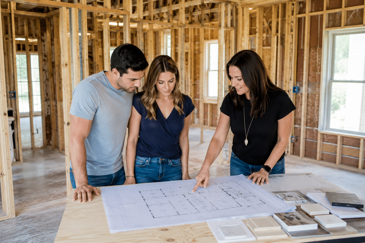 First-time home buyers in Greenville, South Carolina reviewing selections and discussing construction progress inside a partially completed new construction home.