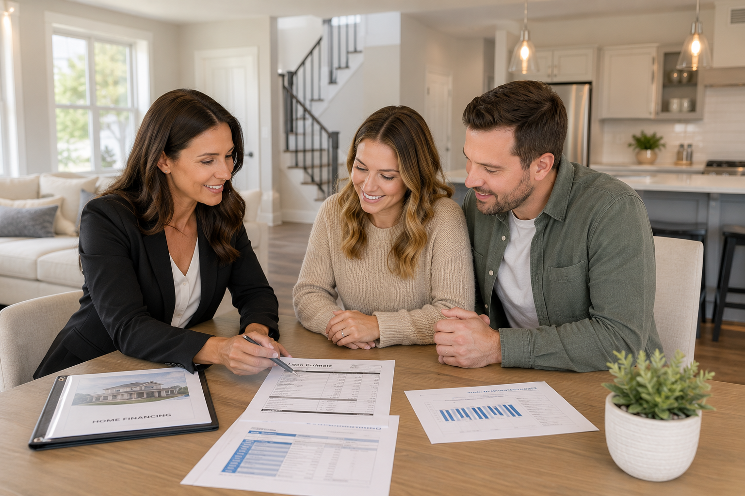First-time home buyers in Greenville, South Carolina reviewing financing paperwork and discussing builder lender options inside a modern new construction home. First-time home buyers in Greenville, South Carolina reviewing financing paperwork and discussing builder lender options inside a modern new construction home.