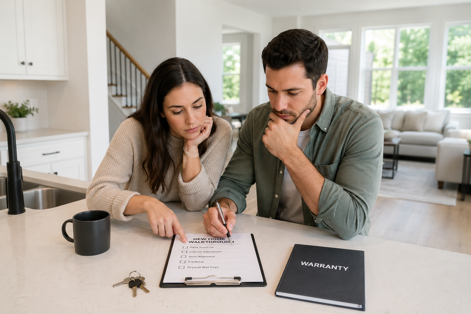 First-time home buyers in Greenville, South Carolina reviewing small post-closing home concerns inside a modern new construction home with organized spaces and natural lighting.