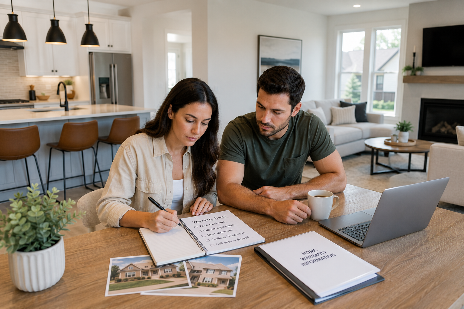 First-time home buyers in Greenville, South Carolina reviewing builder warranty notes inside a bright modern new construction home with clean finishes, organized spaces, and a calm everyday environment. First-time home buyers in Greenville, South Carolina reviewing builder warranty notes inside a bright modern new construction home with clean finishes, organized spaces, and a calm everyday environment.