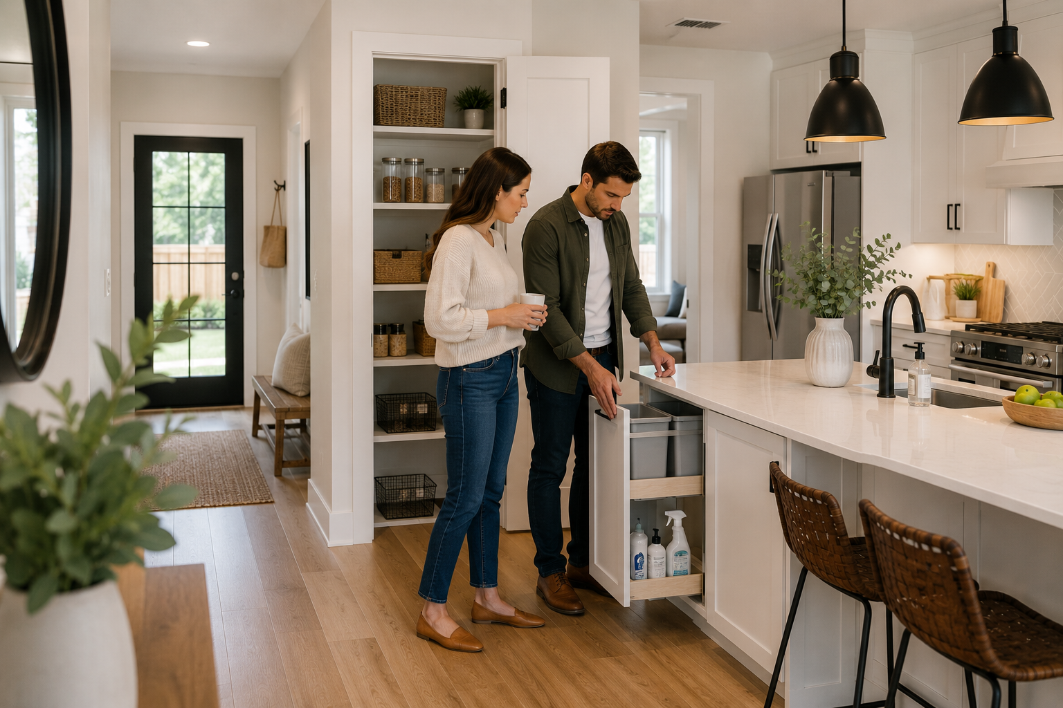 First-time home buyers in Greenville, South Carolina discussing practical home features inside a bright modern new construction home with organized spaces and natural lighting.