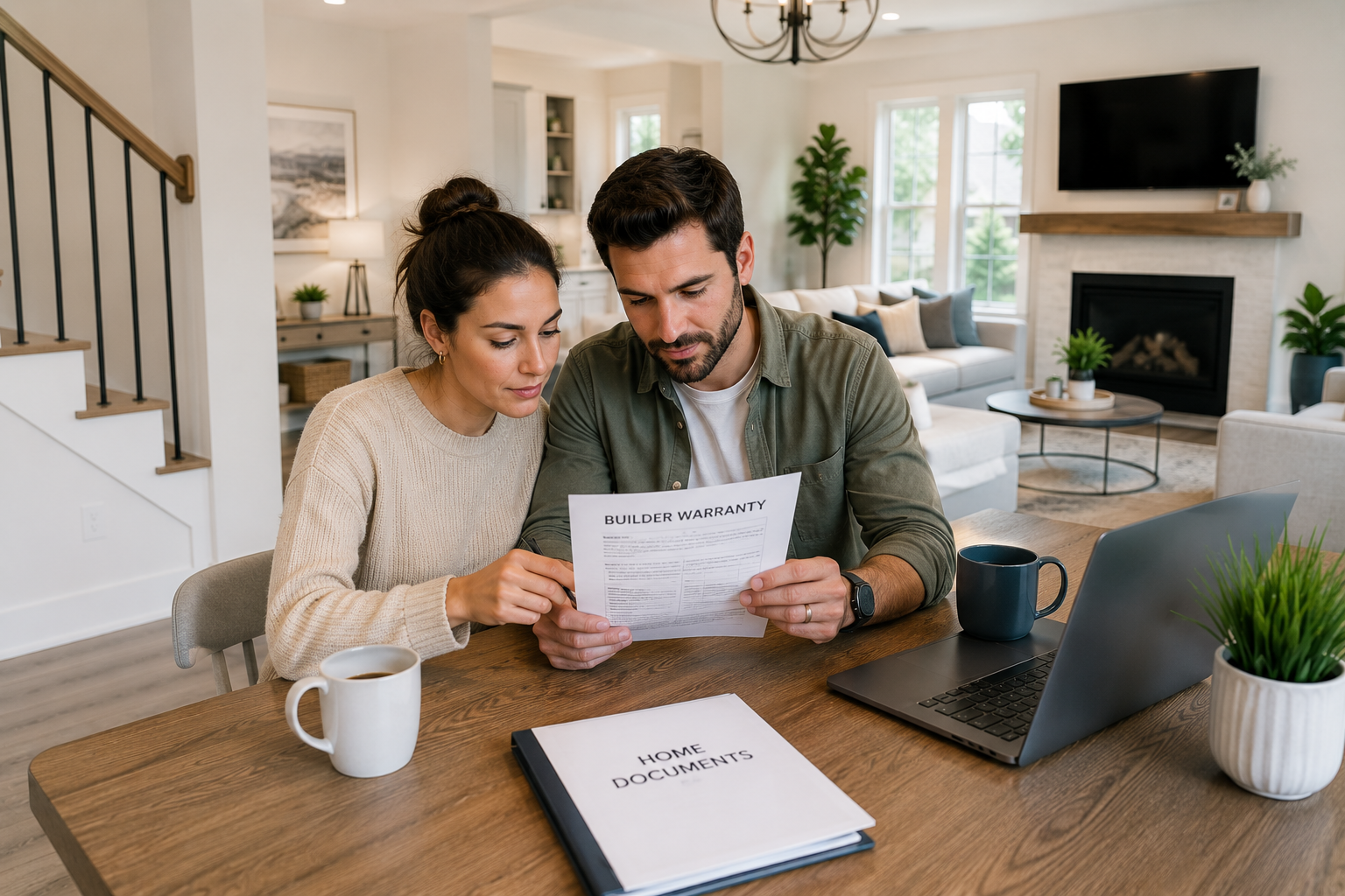 First-time home buyers in Greenville, South Carolina reviewing structural warranty documents inside a bright modern new construction home with clean finishes and organized living spaces.