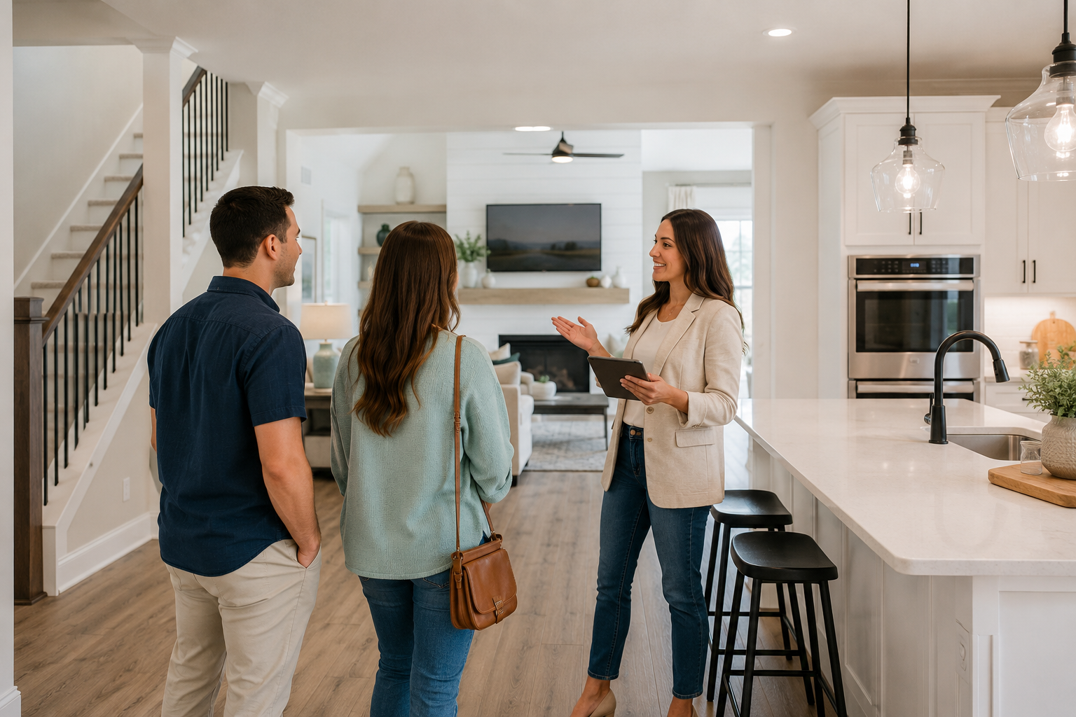 First-time home buyers touring a bright modern spec home in Greenville, South Carolina with clean finishes, organized spaces, and natural daylight during a walkthrough.