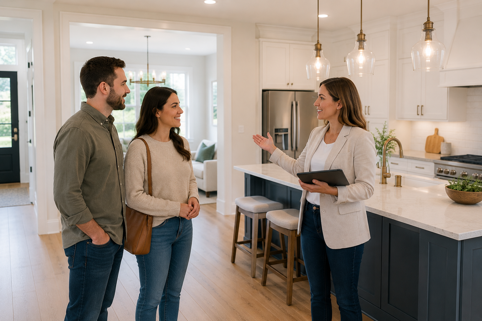 First-time home buyers touring a bright modern new construction home in Greenville, South Carolina while discussing layout options and design features during a walkthrough.