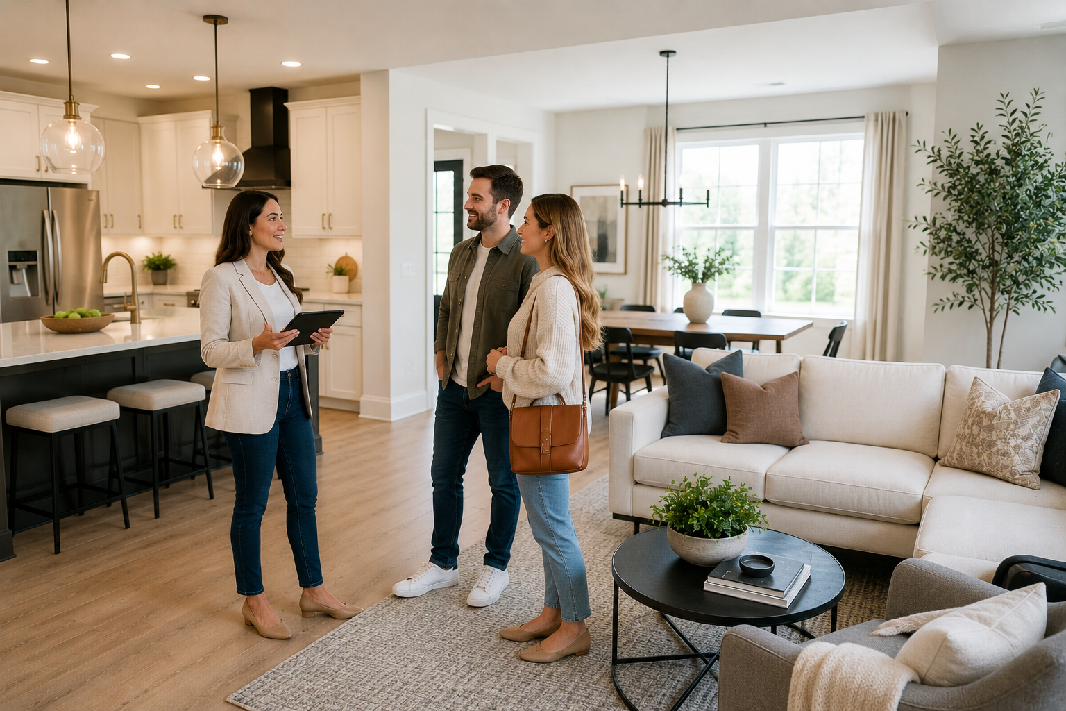 First-time home buyers touring a bright modern spec home in Greenville, South Carolina with clean finishes, organized spaces, and a relaxed walkthrough environment.