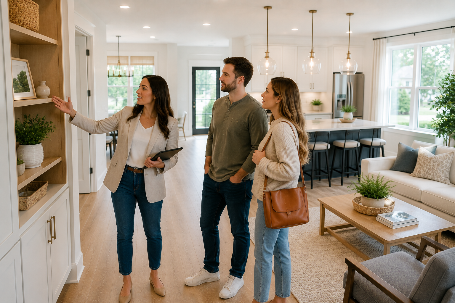 First-time home buyers walking through a bright modern spec home in Greenville, South Carolina while evaluating storage, lighting, and everyday layout functionality during a home tour. First-time home buyers walking through a bright modern spec home in Greenville, South Carolina while evaluating storage, lighting, and everyday layout functionality during a home tour.