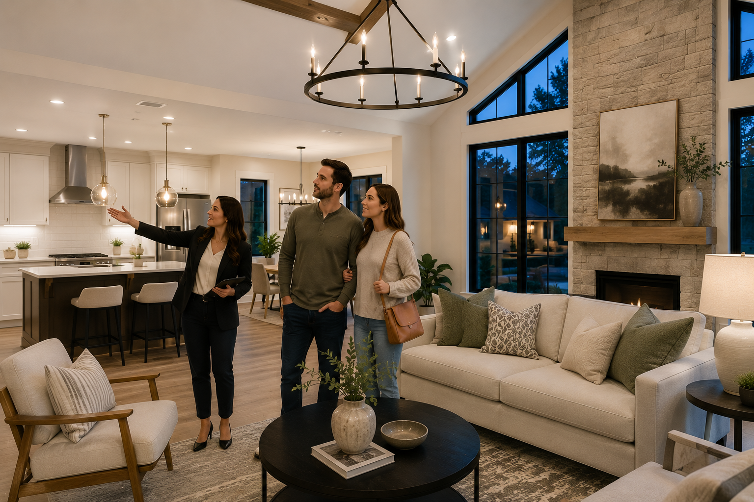 First-time home buyers walking through a bright modern spec home in Greenville, South Carolina while discussing layout details and possible finish selections during a home tour. First-time home buyers walking through a bright modern spec home in Greenville, South Carolina while discussing layout details and possible finish selections during a home tour.