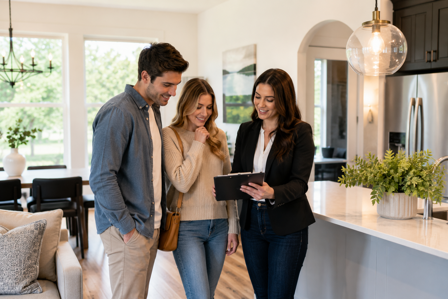 First-time home buyers touring modern homes in Greenville and Simpsonville, South Carolina while comparing neighborhoods, layouts, and new construction communities during the buying process.