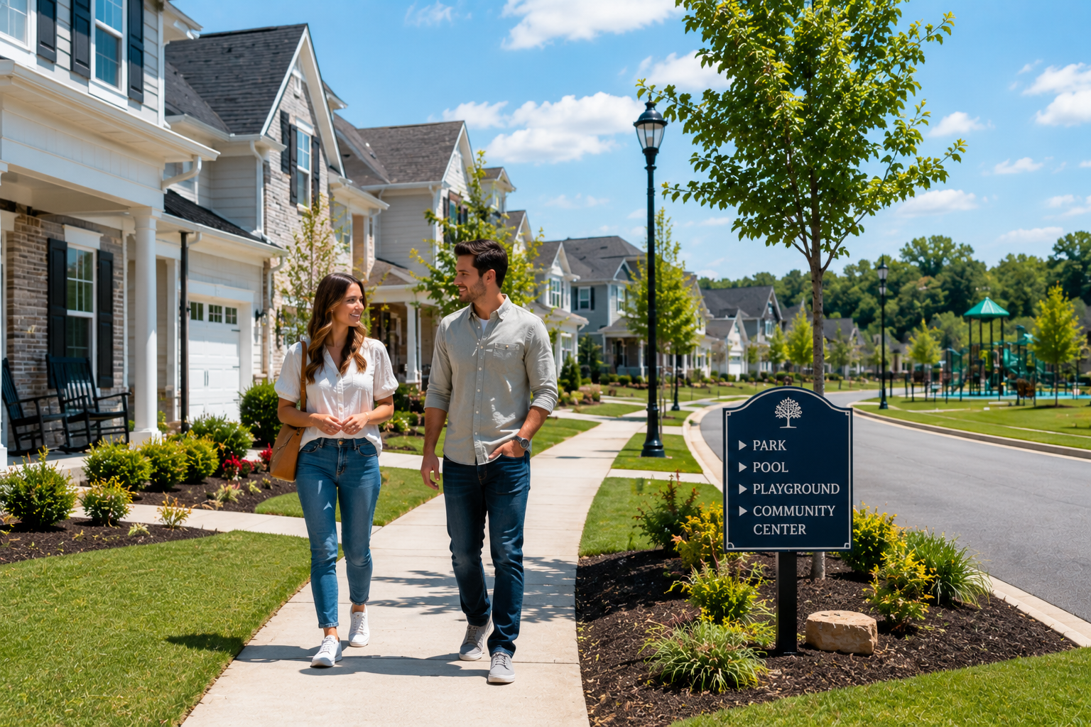 First-time home buyers walking through a modern suburban neighborhood in Simpsonville, South Carolina while exploring newer homes, sidewalks, parks, and community amenities. First-time home buyers walking through a modern suburban neighborhood in Simpsonville, South Carolina while exploring newer homes, sidewalks, parks, and community amenities.