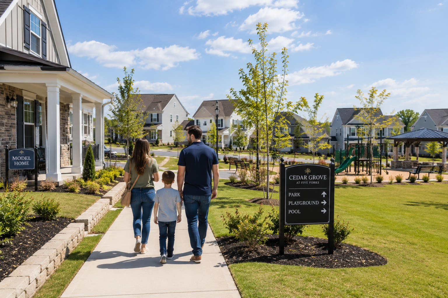 First-time home buyers walking through a growing new construction neighborhood in Simpsonville, South Carolina while exploring newer homes, sidewalks, parks, and community amenities. First-time home buyers walking through a growing new construction neighborhood in Simpsonville, South Carolina while exploring newer homes, sidewalks, parks, and community amenities.