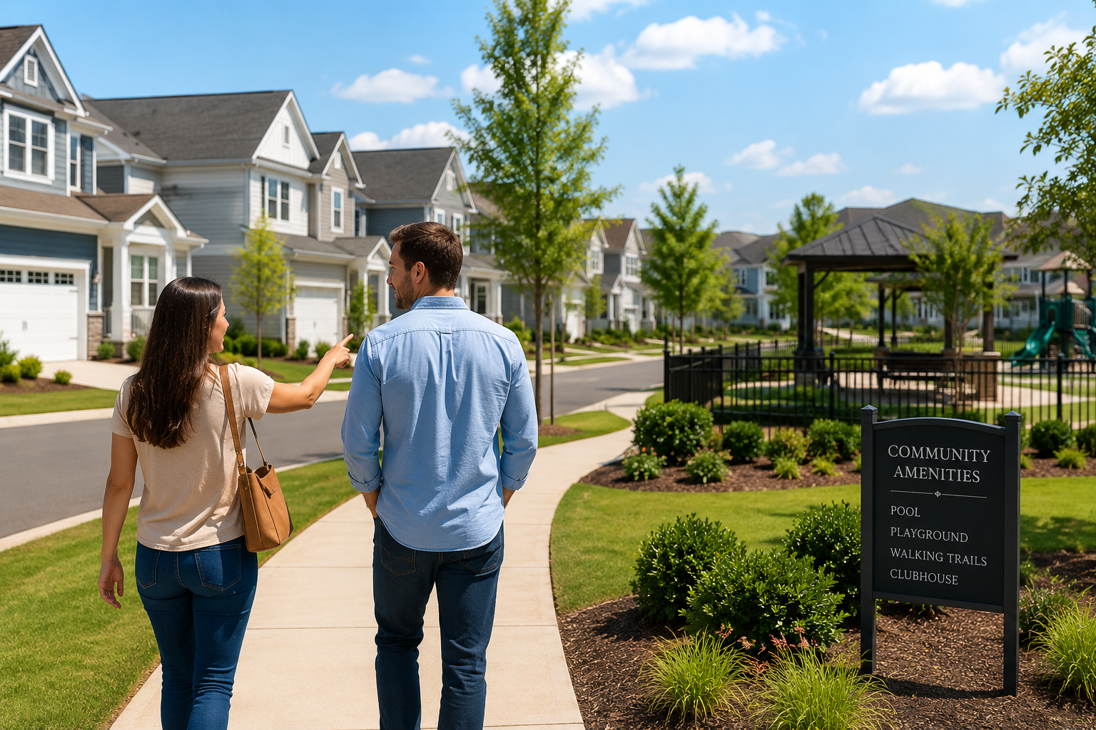 First-time home buyers touring a modern HOA community in Greenville, South Carolina while exploring newer homes, sidewalks, shared amenities, and neighborhood features. First-time home buyers touring a modern HOA community in Greenville, South Carolina while exploring newer homes, sidewalks, shared amenities, and neighborhood features.