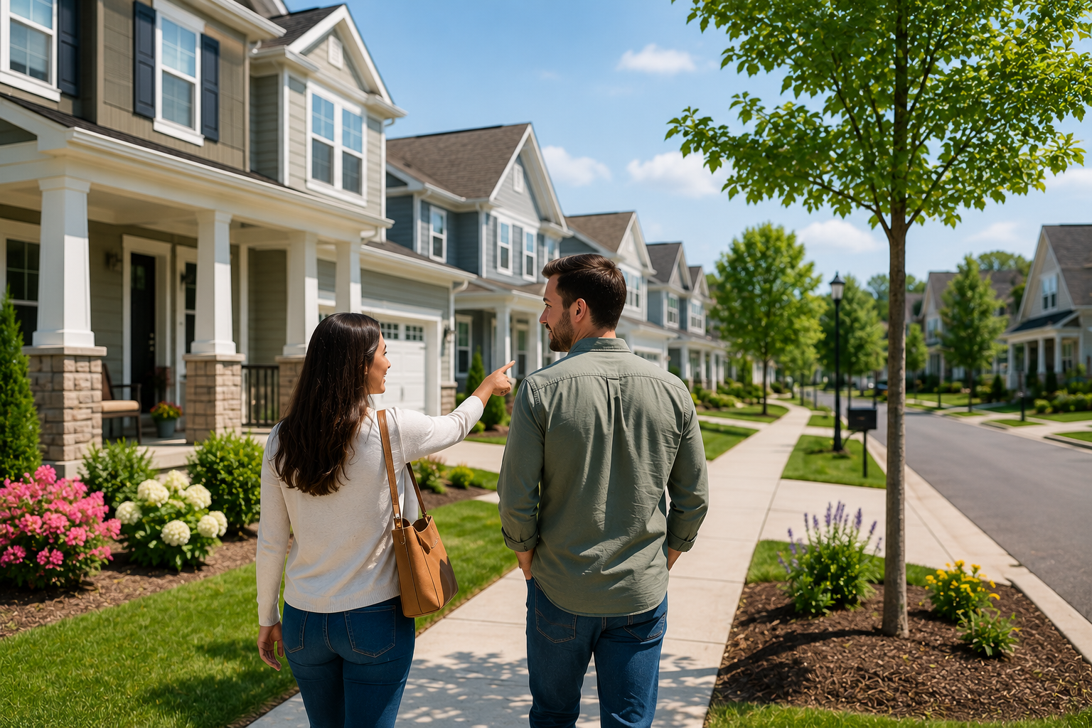 First-time home buyers touring a modern neighborhood in Greenville, South Carolina while exploring newer homes, sidewalks, community spaces, and suburban surroundings. First-time home buyers touring a modern neighborhood in Greenville, South Carolina while exploring newer homes, sidewalks, community spaces, and suburban surroundings.