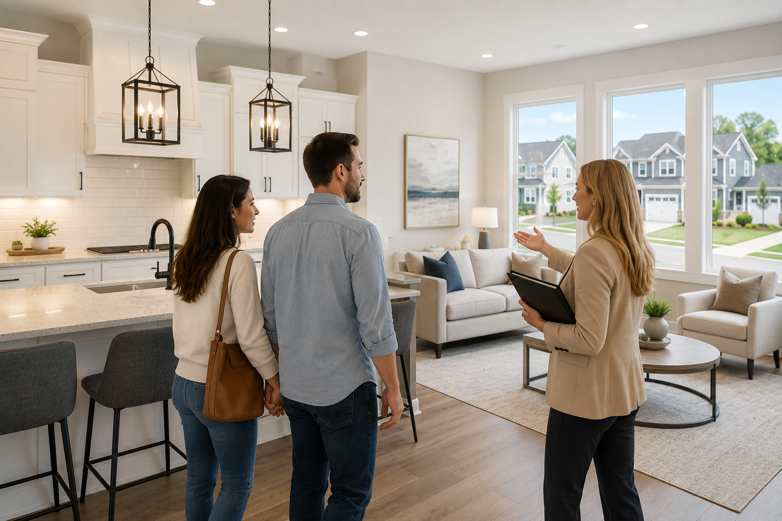First-time home buyers touring a modern new construction home in Greenville, South Carolina while exploring open layouts, newer finishes, and community amenities. First-time home buyers touring a modern new construction home in Greenville, South Carolina while exploring open layouts, newer finishes, and community amenities.