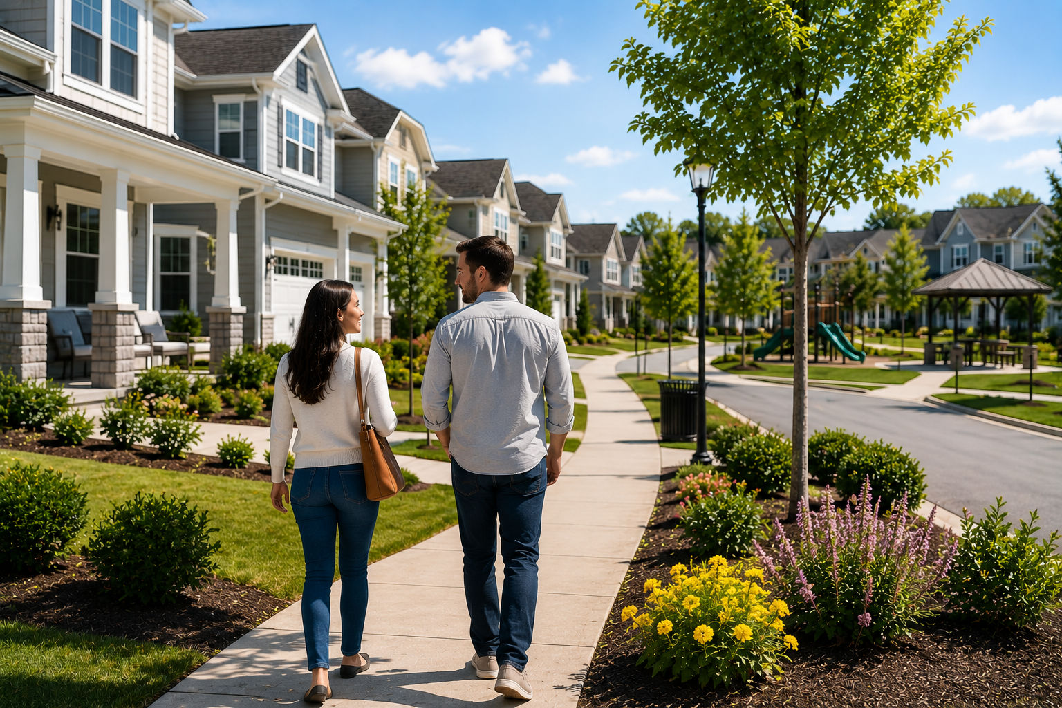 First-time home buyers walking through a bright contemporary neighborhood in Simpsonville, South Carolina while exploring community sidewalks, newer homes, and everyday suburban amenities. First-time home buyers walking through a bright contemporary neighborhood in Simpsonville, South Carolina while exploring community sidewalks, newer homes, and everyday suburban amenities.