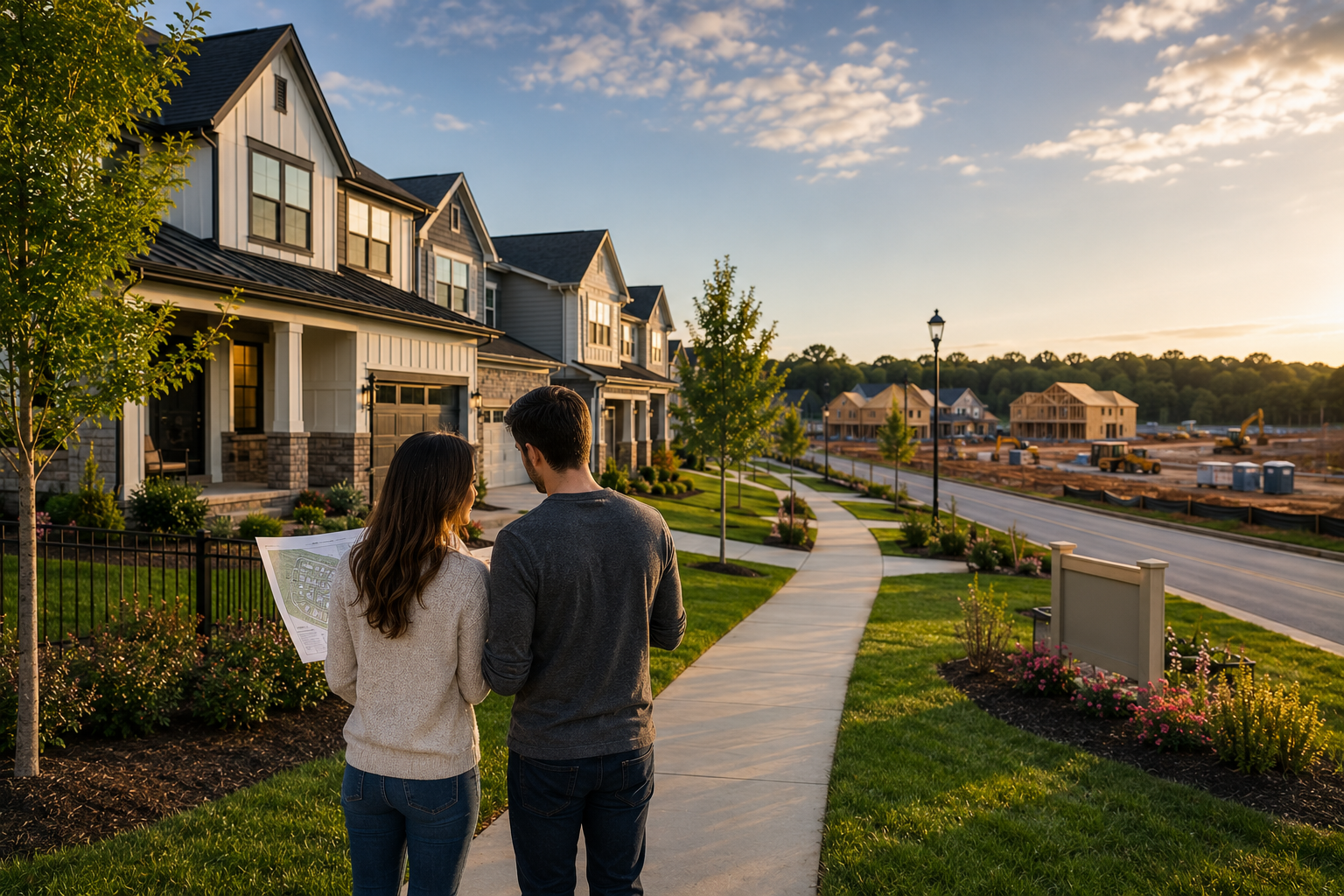 First-time home buyers exploring a growing neighborhood in Simpsonville, South Carolina while viewing newer homes, walking paths, open land, and expanding suburban development. First-time home buyers exploring a growing neighborhood in Simpsonville, South Carolina while viewing newer homes, walking paths, open land, and expanding suburban development.