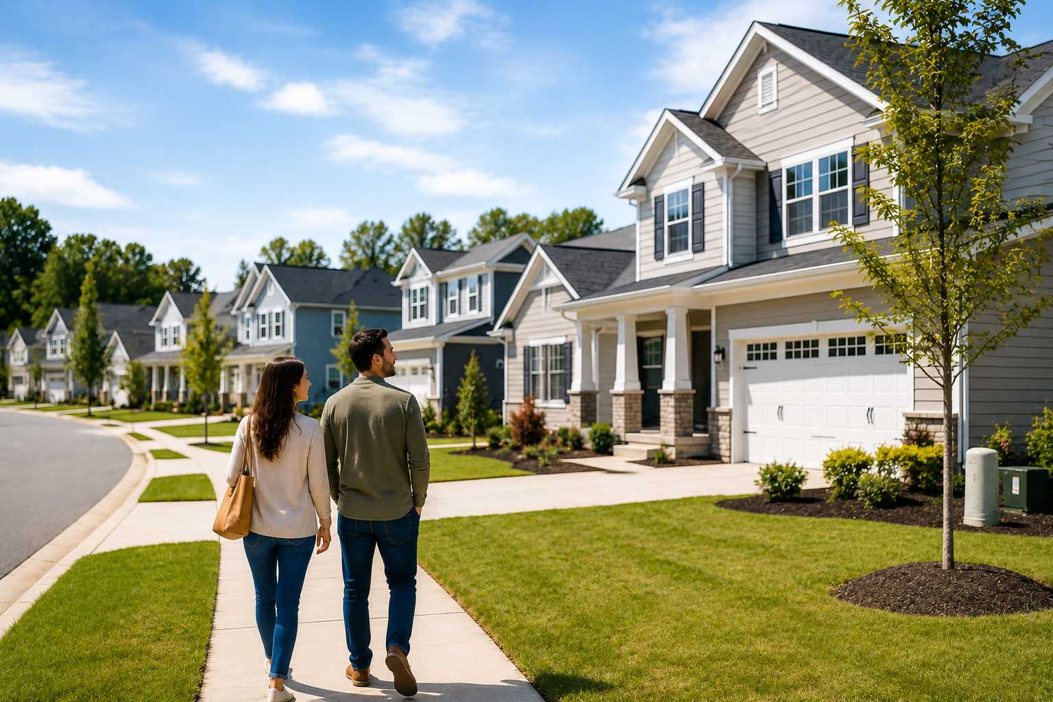 First-time home buyers walking through a newer suburban neighborhood outside Greenville, South Carolina while exploring modern single-family homes, sidewalks, community green spaces, and quieter residential streets.