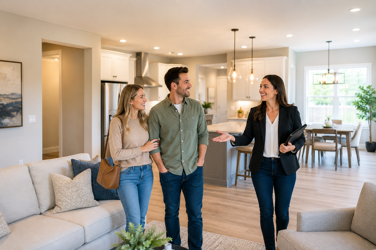 First-time home buyers touring a modern single-family home in Simpsonville, South Carolina while exploring open layouts, updated kitchens, newer finishes, and comfortable suburban living.