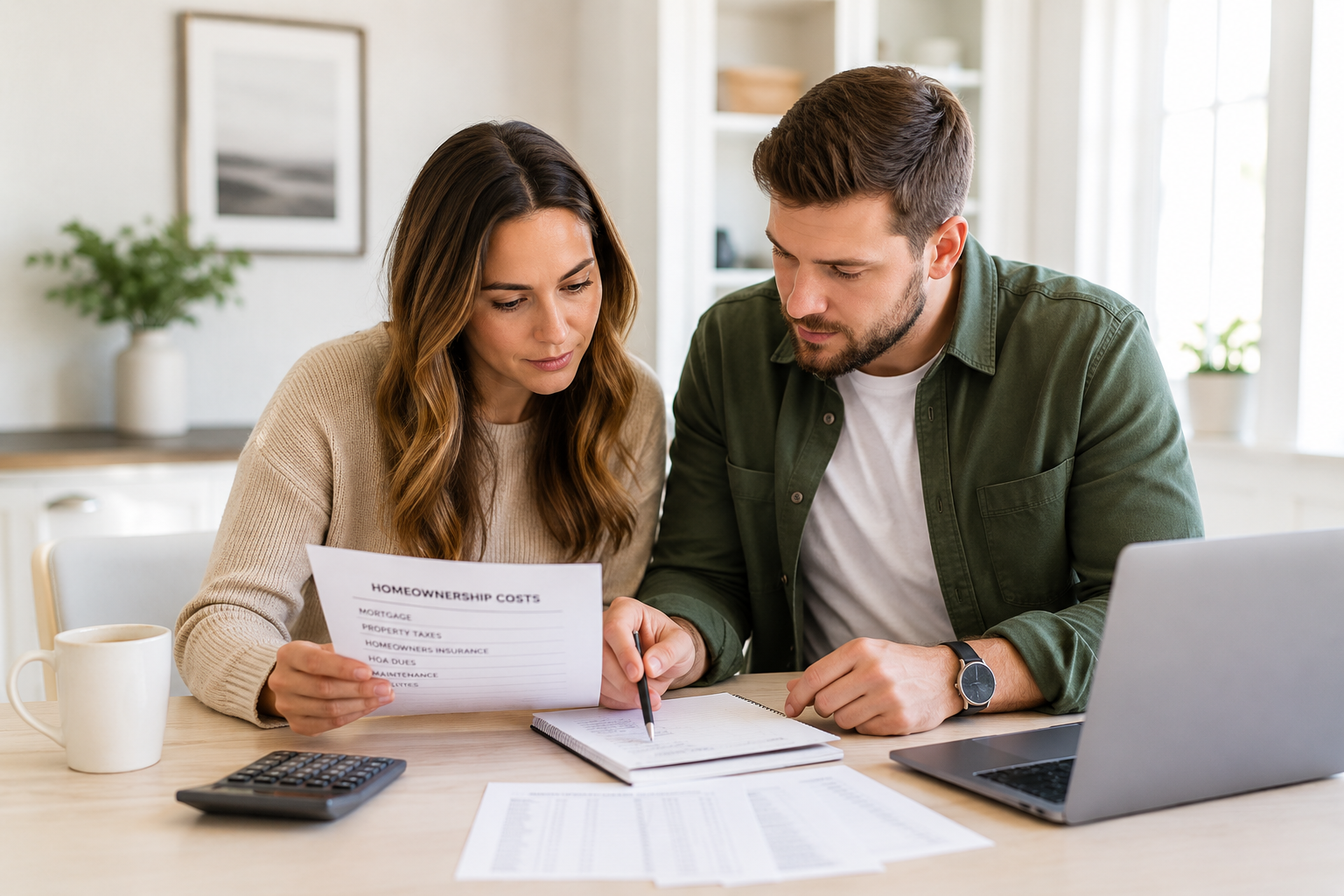 First-time home buyers reviewing homeownership expenses inside a modern Greenville, South Carolina home while discussing monthly payments, budgeting, and long-term affordability.