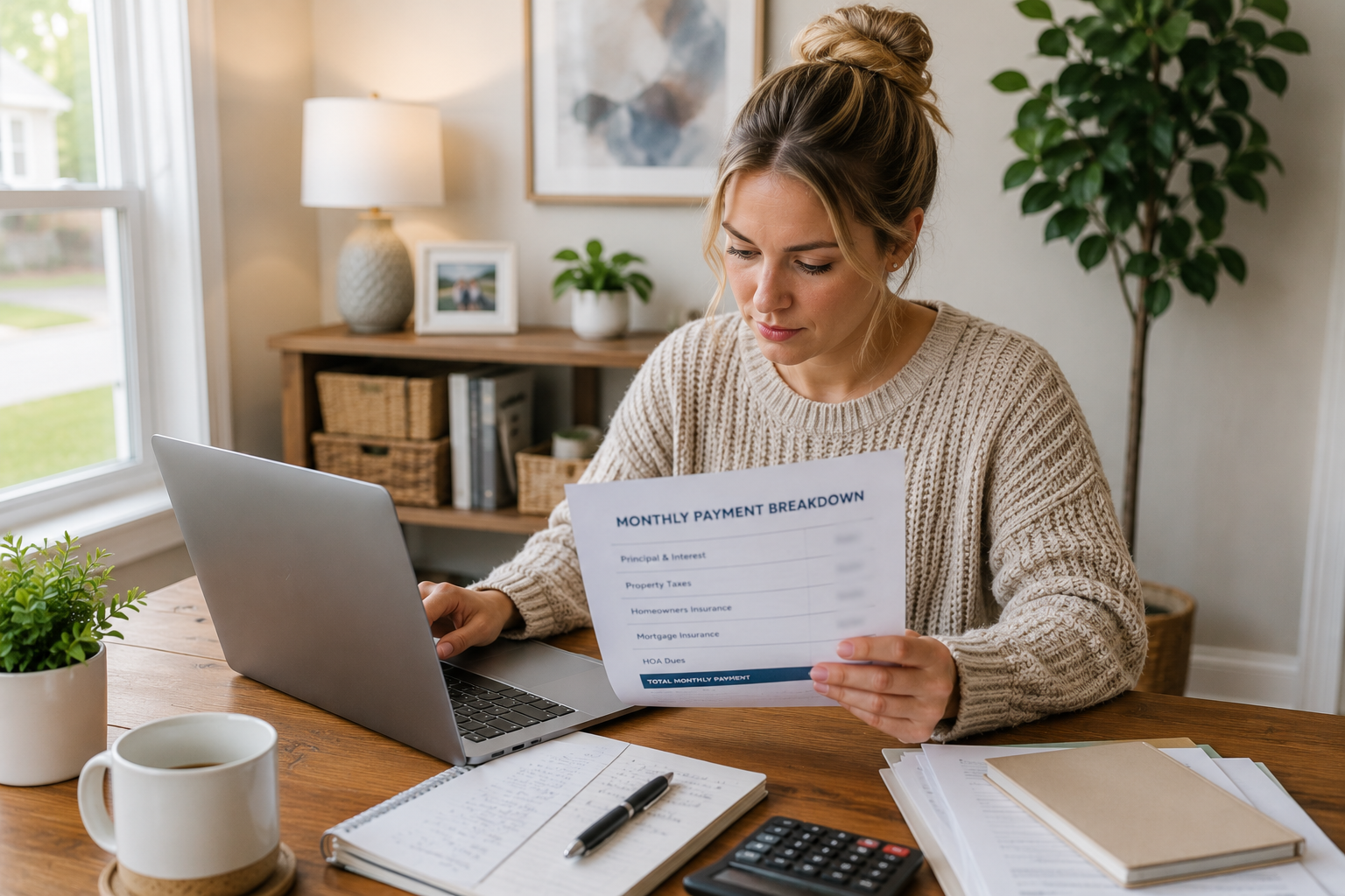 First-time home buyer reviewing monthly homeownership expenses inside a modern Greenville, South Carolina home while discussing mortgage payments, taxes, insurance, and budgeting.