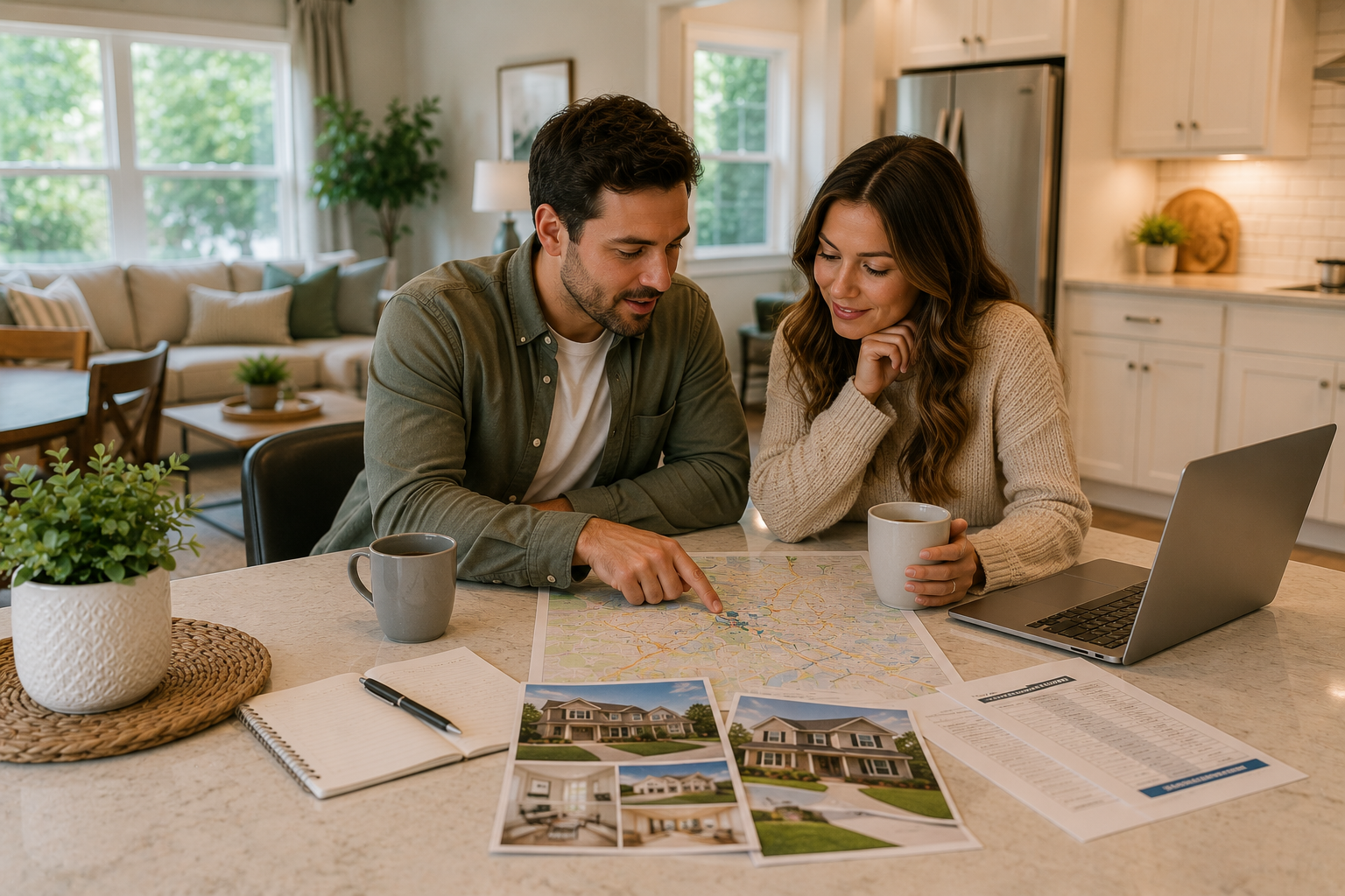 First-time home buyers sitting together at a kitchen island inside a bright Simpsonville, South Carolina home while discussing commute times, monthly affordability, and neighborhood lifestyle with coffee mugs and home brochures nearby. First-time home buyers sitting together at a kitchen island inside a bright Simpsonville, South Carolina home while discussing commute times, monthly affordability, and neighborhood lifestyle with coffee mugs and home brochures nearby.