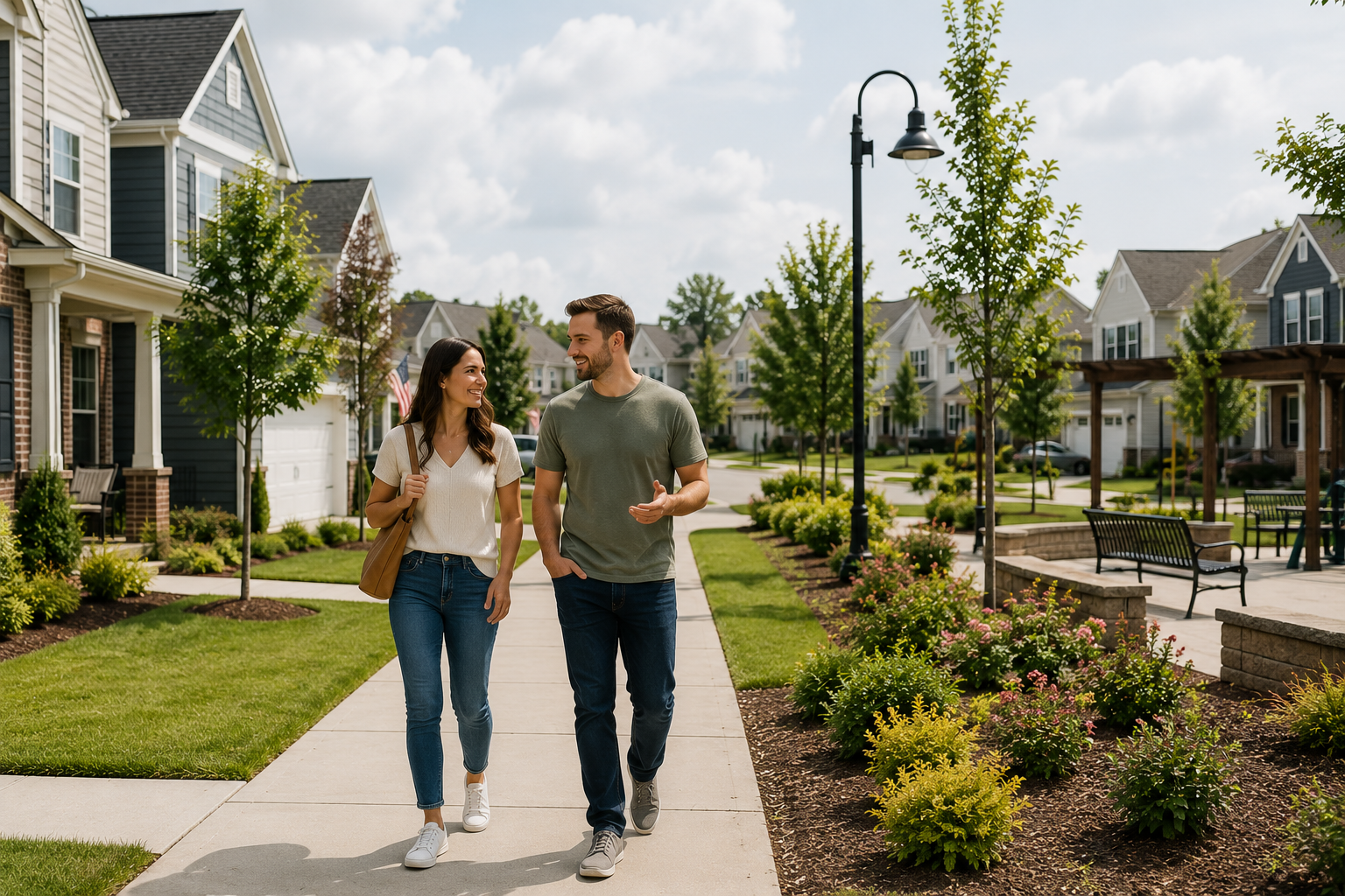 First-time home buyers walking through a bright newer Simpsonville, South Carolina neighborhood with sidewalks, modern homes, landscaped common areas, and a calm suburban environment while discussing lifestyle and homeownership comfort.