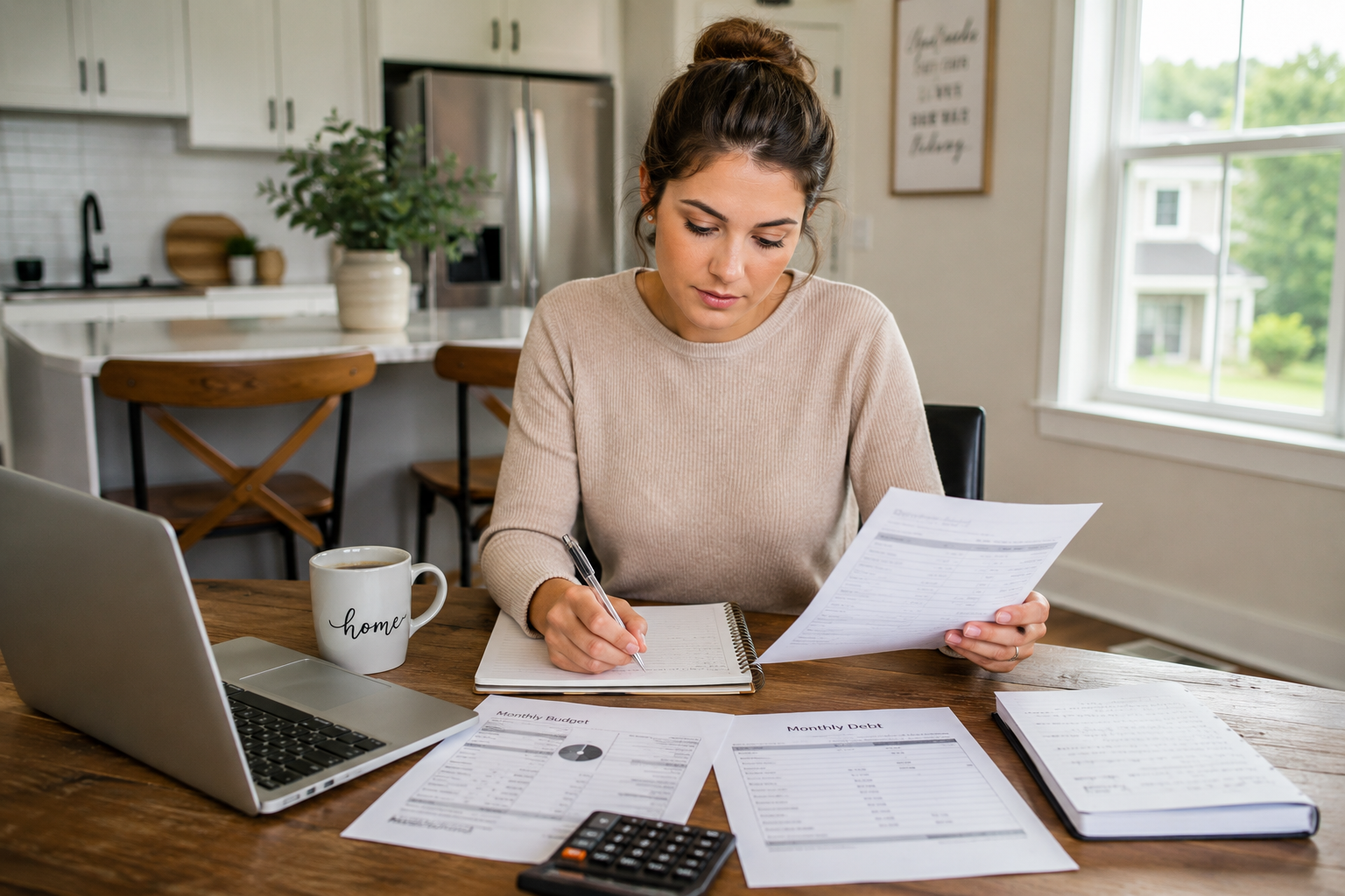 First-time home buyer sitting at a kitchen table inside a bright Greenville, South Carolina home reviewing monthly debt, mortgage paperwork, and budgeting notes with a laptop, calculator, and coffee mug nearby.