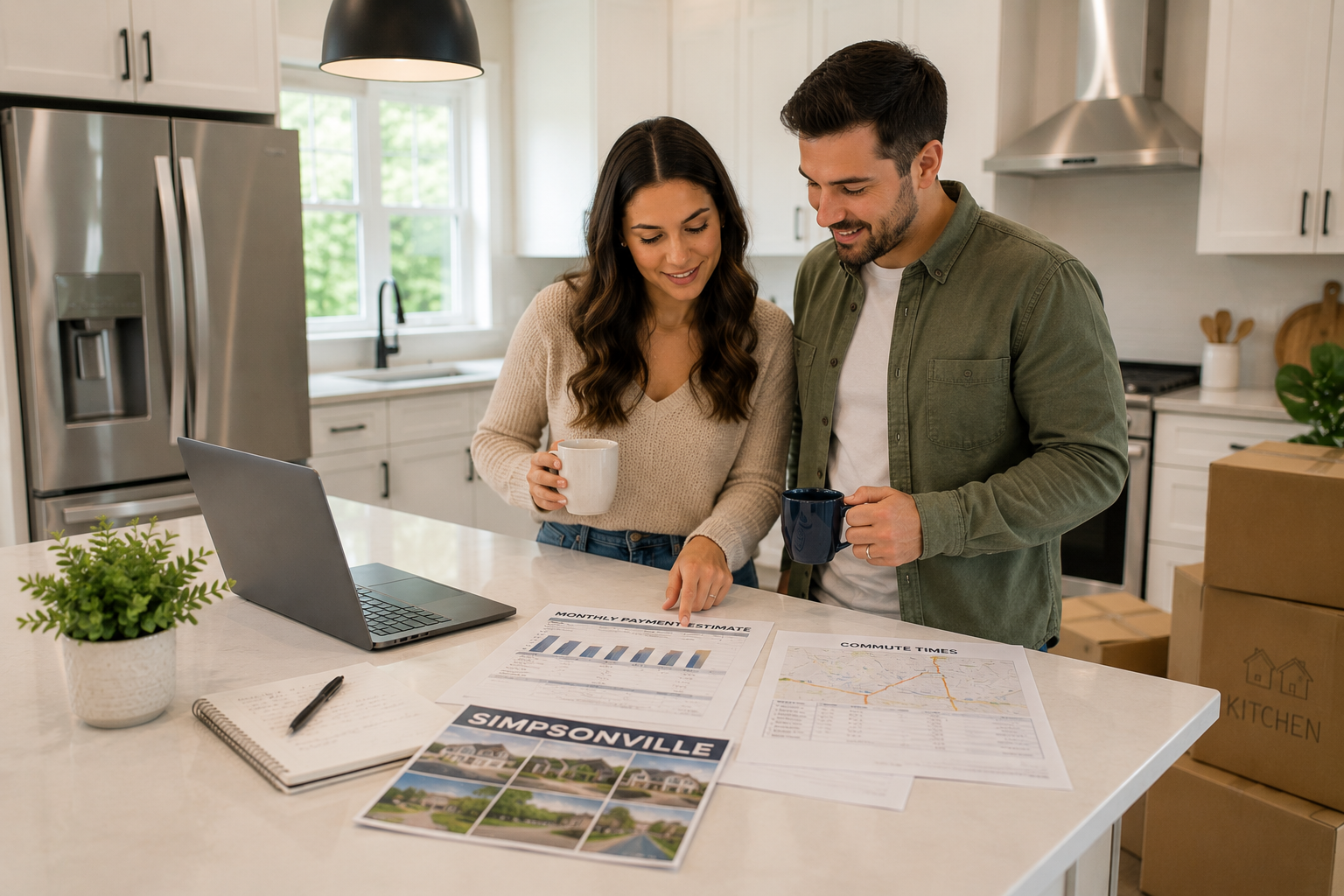 First-time home buyers standing together inside a bright Simpsonville, South Carolina kitchen while discussing monthly affordability, commute times, and lifestyle comfort with moving boxes, coffee mugs, and neighborhood brochures nearby. First-time home buyers standing together inside a bright Simpsonville, South Carolina kitchen while discussing monthly affordability, commute times, and lifestyle comfort with moving boxes, coffee mugs, and neighborhood brochures nearby.