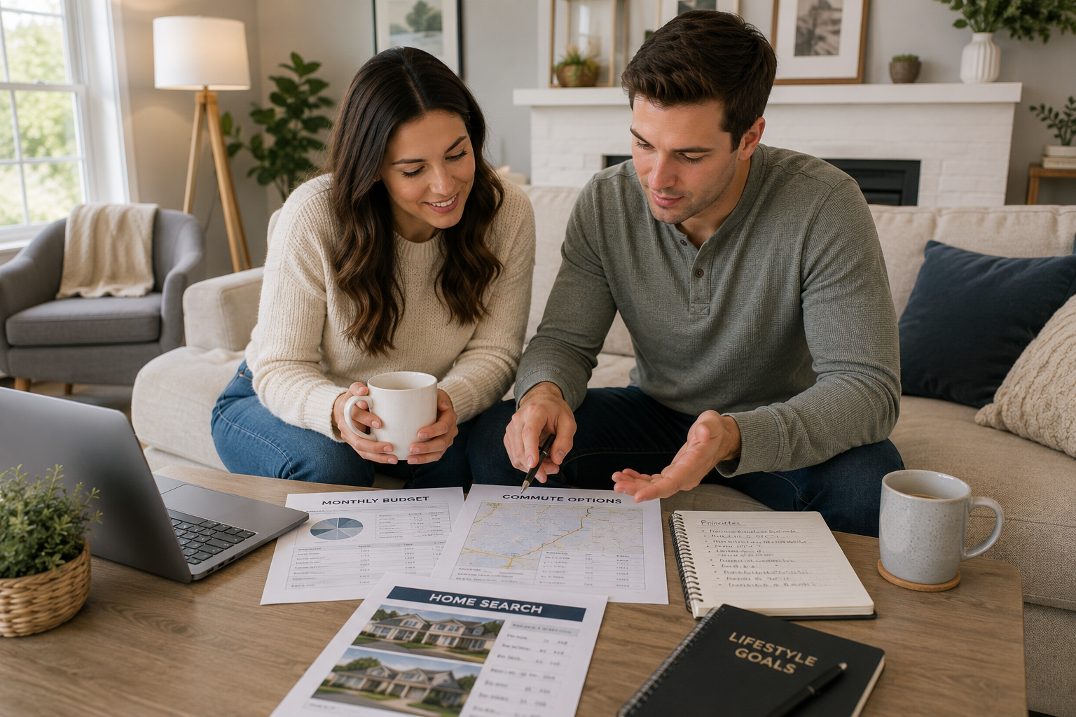 First-time home buyers sitting together inside a bright Greenville, South Carolina living room while discussing monthly affordability, commute preferences, and lifestyle goals with coffee mugs, notebooks, and home search paperwork nearby.