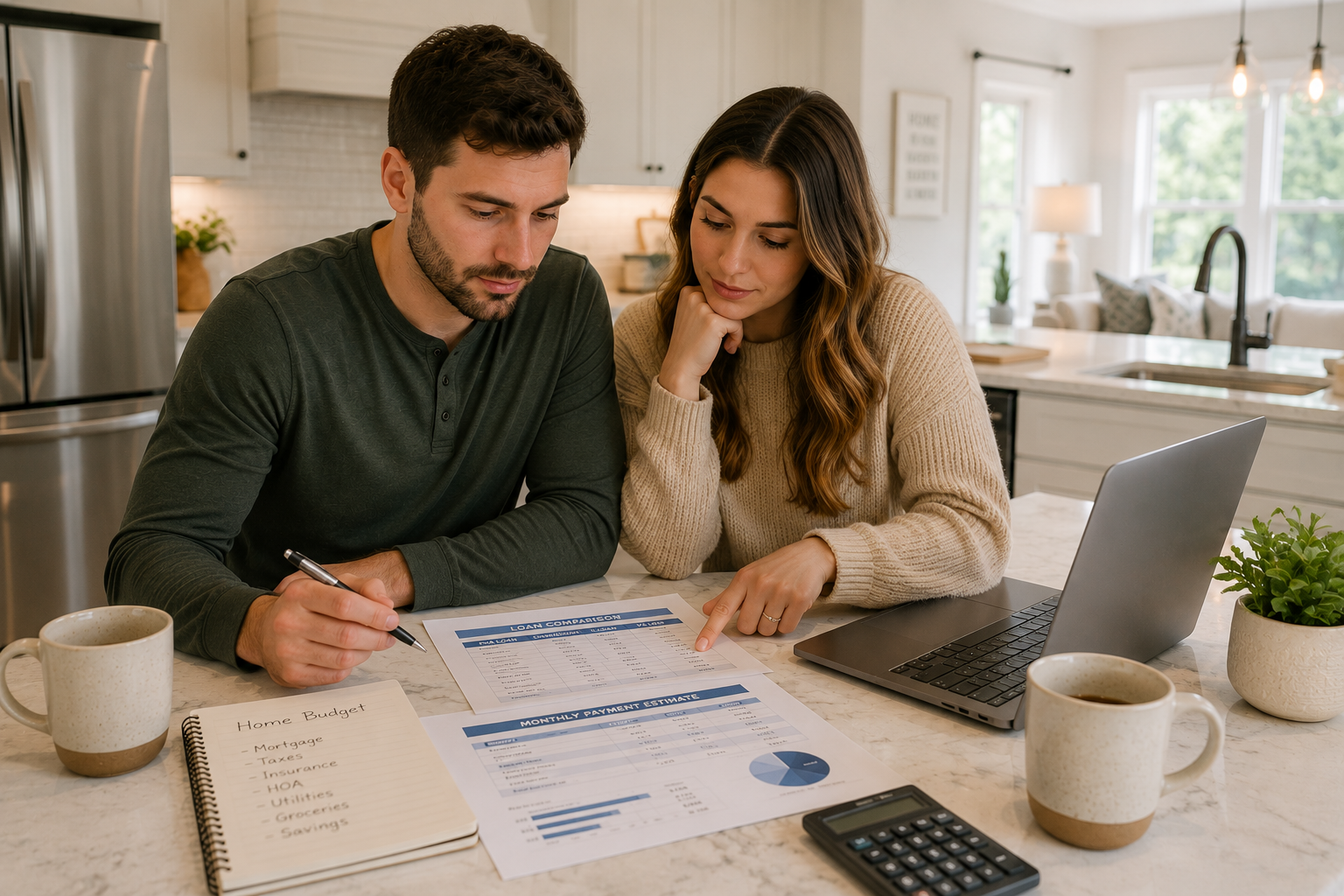 First-time home buyers sitting together at a kitchen island inside a bright Greenville, South Carolina home comparing loan estimates, monthly payment options, and mortgage paperwork with a laptop, coffee mugs, and budgeting notes nearby.