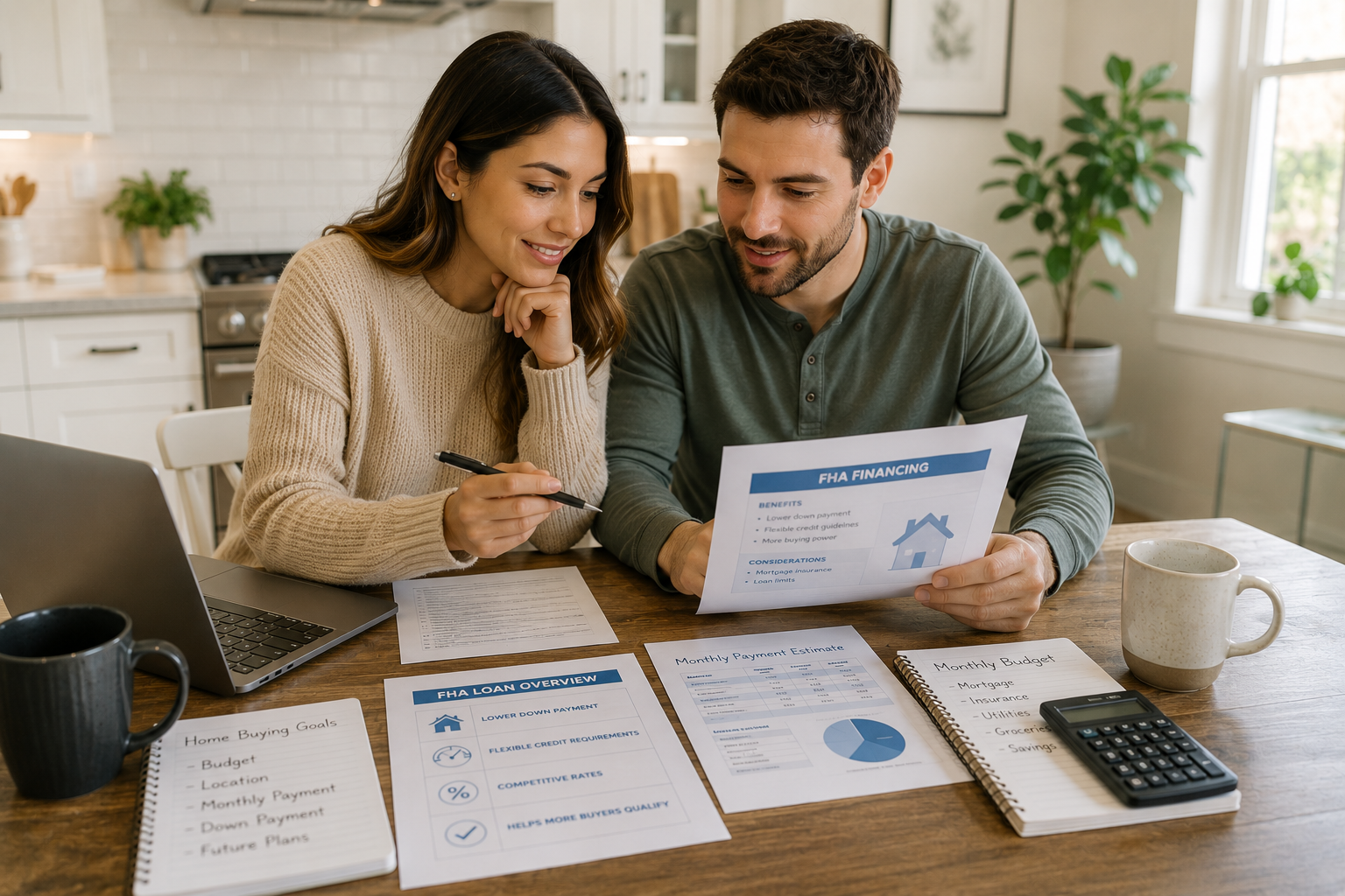 First-time home buyers sitting together inside a bright Greenville, South Carolina kitchen while discussing FHA financing paperwork, monthly affordability, and home buying goals with coffee mugs, a laptop, and budgeting notes nearby.