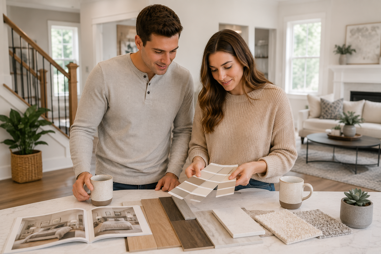 First-time home buyers standing together inside a bright new construction home in Simpsonville, South Carolina while discussing furniture ideas, paint colors, and personalization options with flooring samples, décor magazines, and coffee mugs nearby.