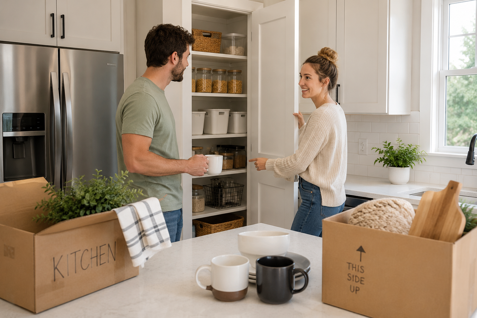 First-time home buyers standing together inside a bright Greenville, South Carolina kitchen while opening pantry cabinets, discussing storage space, and organizing moving boxes with coffee mugs and household items nearby. First-time home buyers standing together inside a bright Greenville, South Carolina kitchen while opening pantry cabinets, discussing storage space, and organizing moving boxes with coffee mugs and household items nearby.