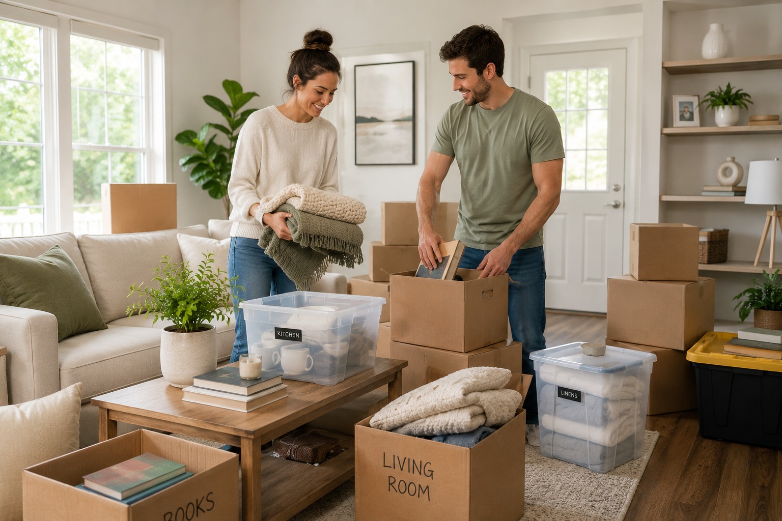 First-time home buyers standing together inside a bright Greenville, South Carolina living room surrounded by moving boxes, storage bins, folded blankets, and household items while organizing belongings and preparing for move-in.